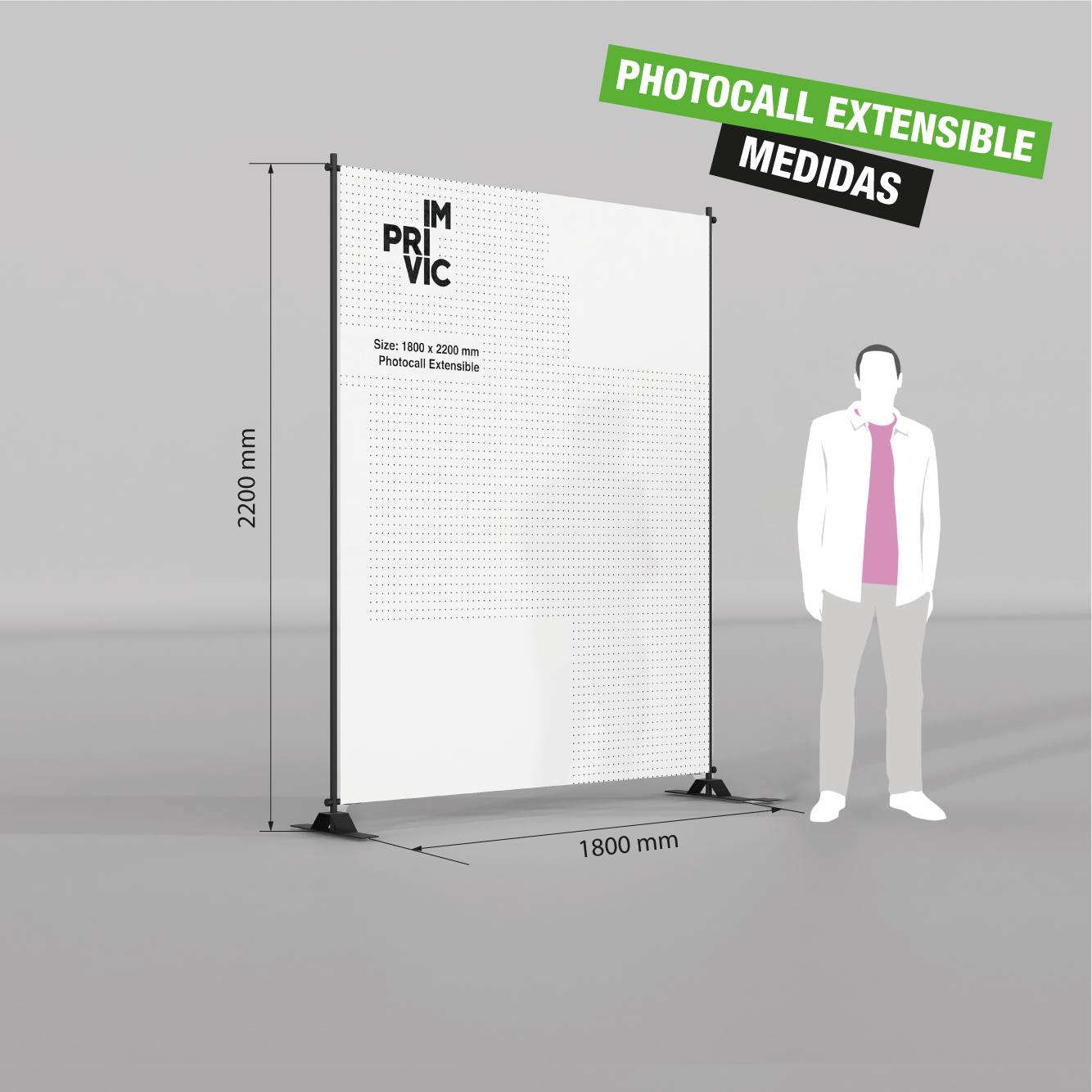 Photocall extensible de 180x220cm para eventos y ferias con estructura ajustable.